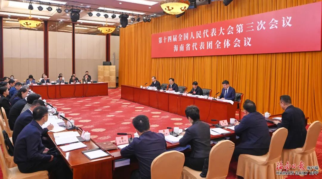 海南代表团举行全体会议，传达学习习近平总书记重要讲话精神，继续审查计划报告和草案、预算报告和草案，审议代表法修正草案